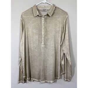 Ploumanac'h Italy Womens XL Beige Garment Dyed Long Sleeve Blouse 1/2 Button